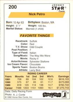 1992 Jockey Star #200 Nick Petro Back